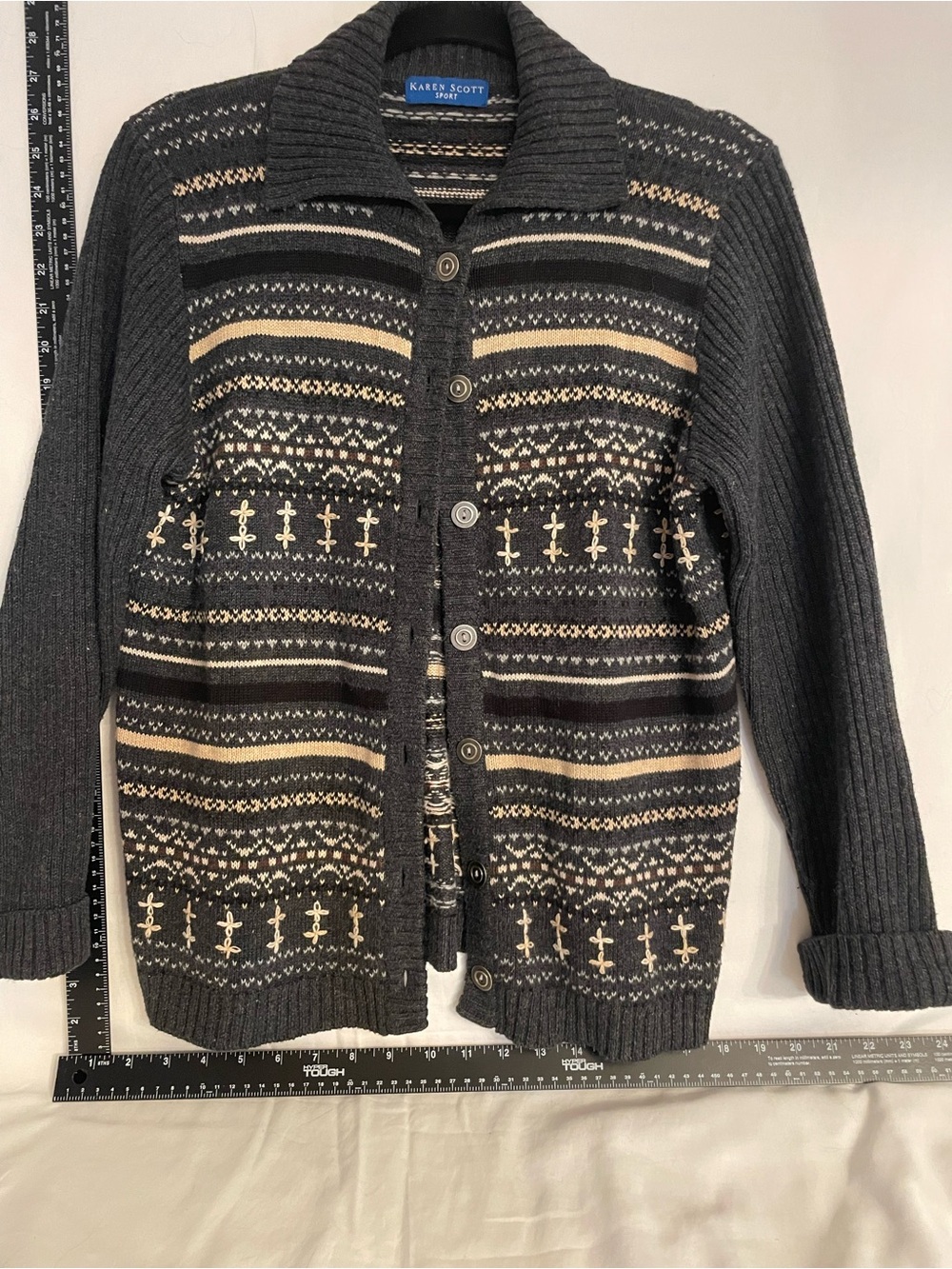 Karen Scott Men's Charcoal, Cream and Black Patterned Button-Up Cardigan